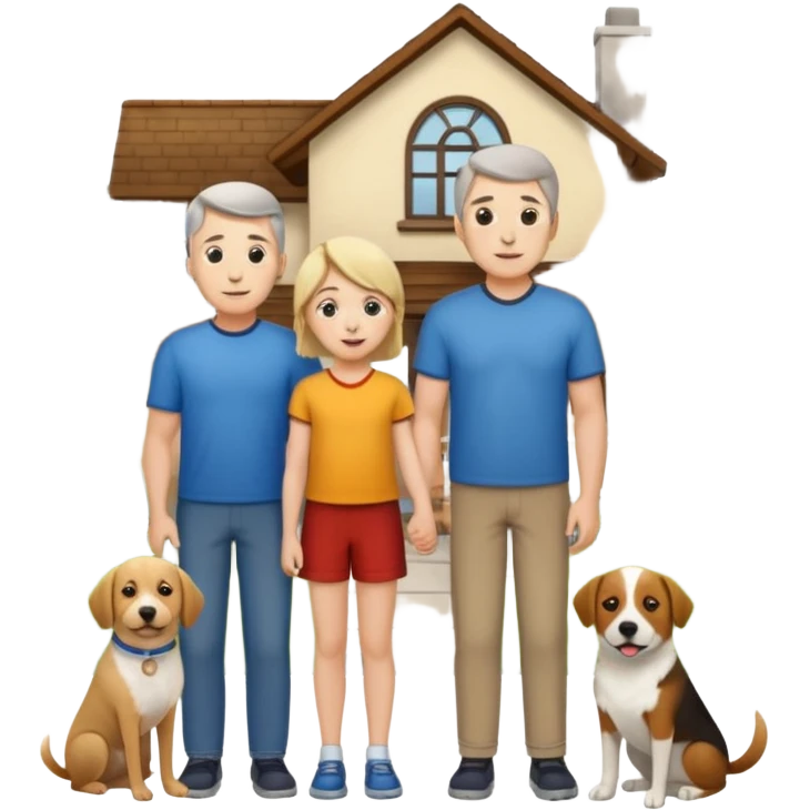 1 Father 1 Mother and 1 young boy who is half as tall as the parents, standing in front of their house with a dog next to them. Everyone should look VERY happy emoji