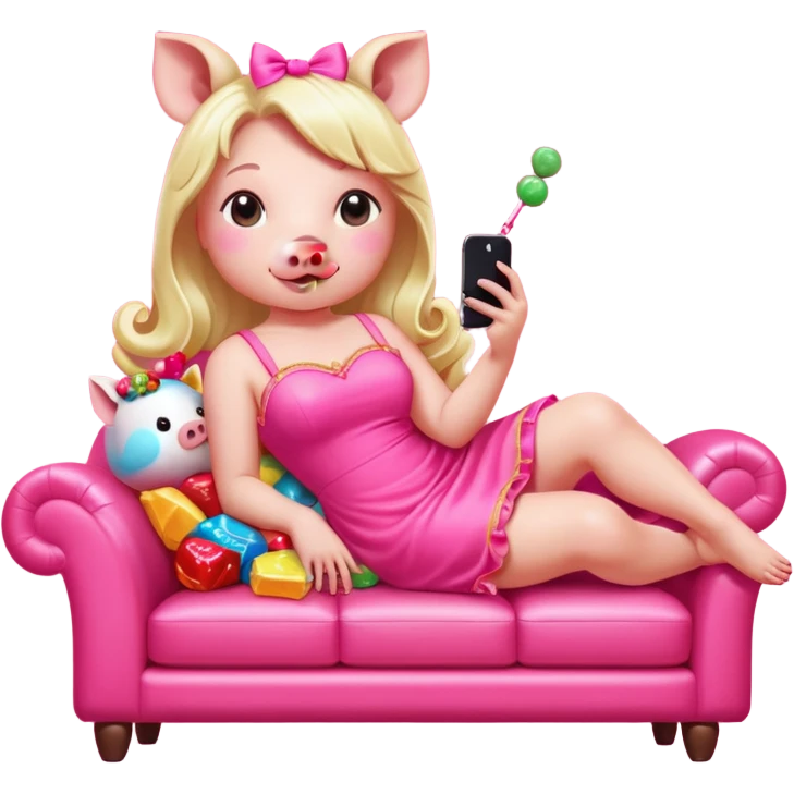 lady pig in neon pink kawaii dress reclining on couch scrolling on an iphone and eating candy in opulence  emoji