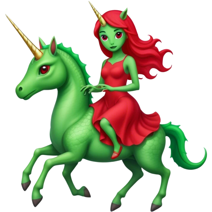 "reptilian green alien woman in red dress", rides unicorn
 emoji