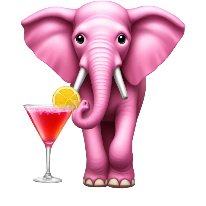 A pink Elephant wearing a ribbon holding a cocktail emoji
