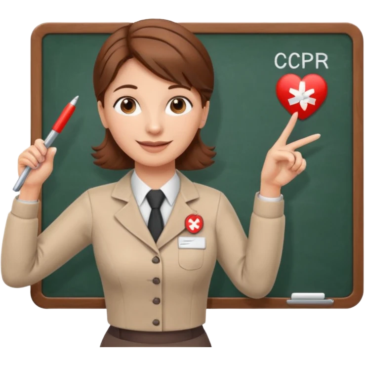 Happy Teacher, female, brown hair up, holding a pointer to a white board with a CPR logo. emoji