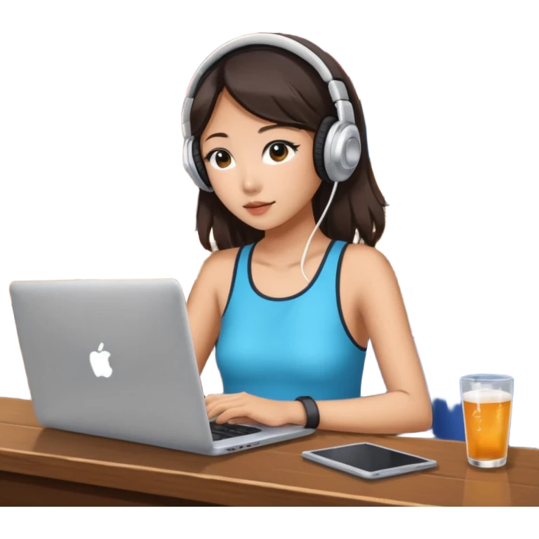 A Korean girl at a dive bar with a laptop and headphones watchin a korean drama emoji