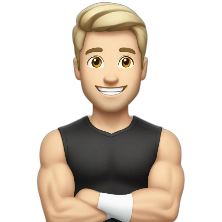 Joyful Celebrating victory Pale skinned Fit Man With the biceps and dark brown hair in black shirt, gray sports shorts and white Sneakers emoji