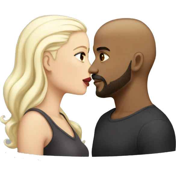 Light skinned black male heavy set bald with short beard and mustache kissing heavy set white female with long platinum blonde hair  emoji