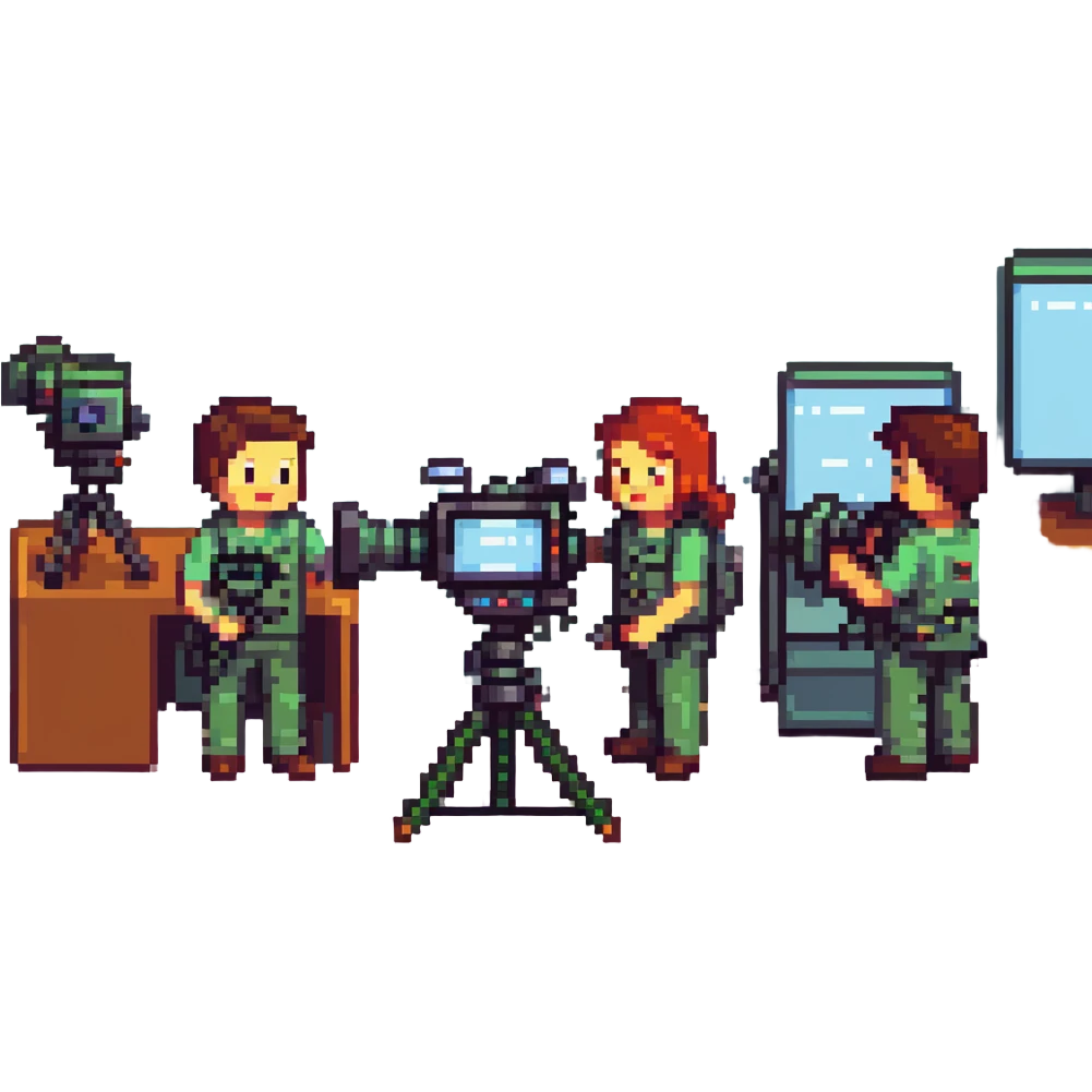 collaboration équipe de tournage with multiple members including caméraman, preneur de son, réalisateur working together around a broadcast camera, dynamic atmosphere, wide shot, team spirit in pixel art style emoji
