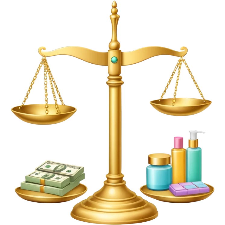 gold scale with dollar bills on one side and beauty products on the other side emoji