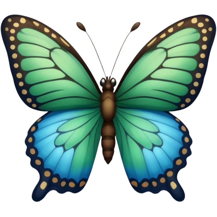 A butterfly with blue edges, green wings, and a black body, Between the wings brown  emoji