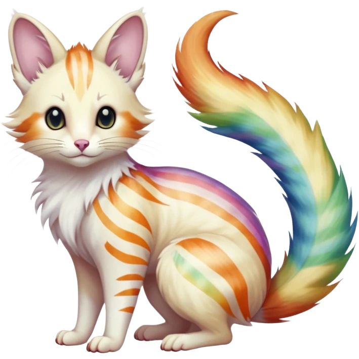  Realistic dull gloomy-dark-deep-grayish-indigo-violet-gradients albino fur with random colorful iridescent rainbow markings beautiful elegant pretty precious cute  Fakémon-Pokémon-opossum-feline-serval-caracal-chinchilla-Minccino-hybrid-creature with a big fluffy bushy striped tail (full body) emoji