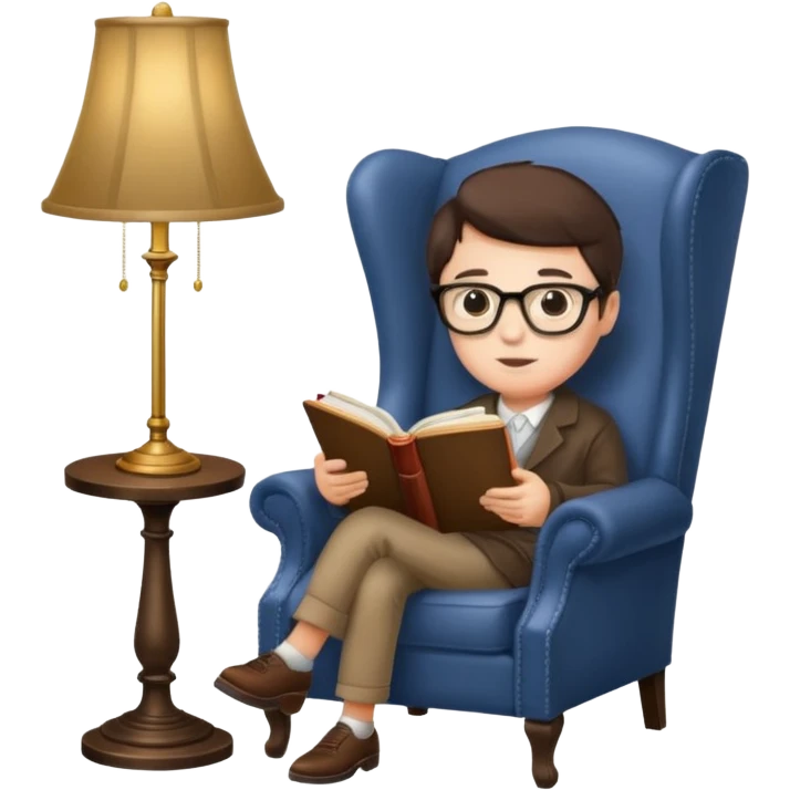 peruse at your leisure, person reading with small glasses in a wingback chair next to a lamp emoji