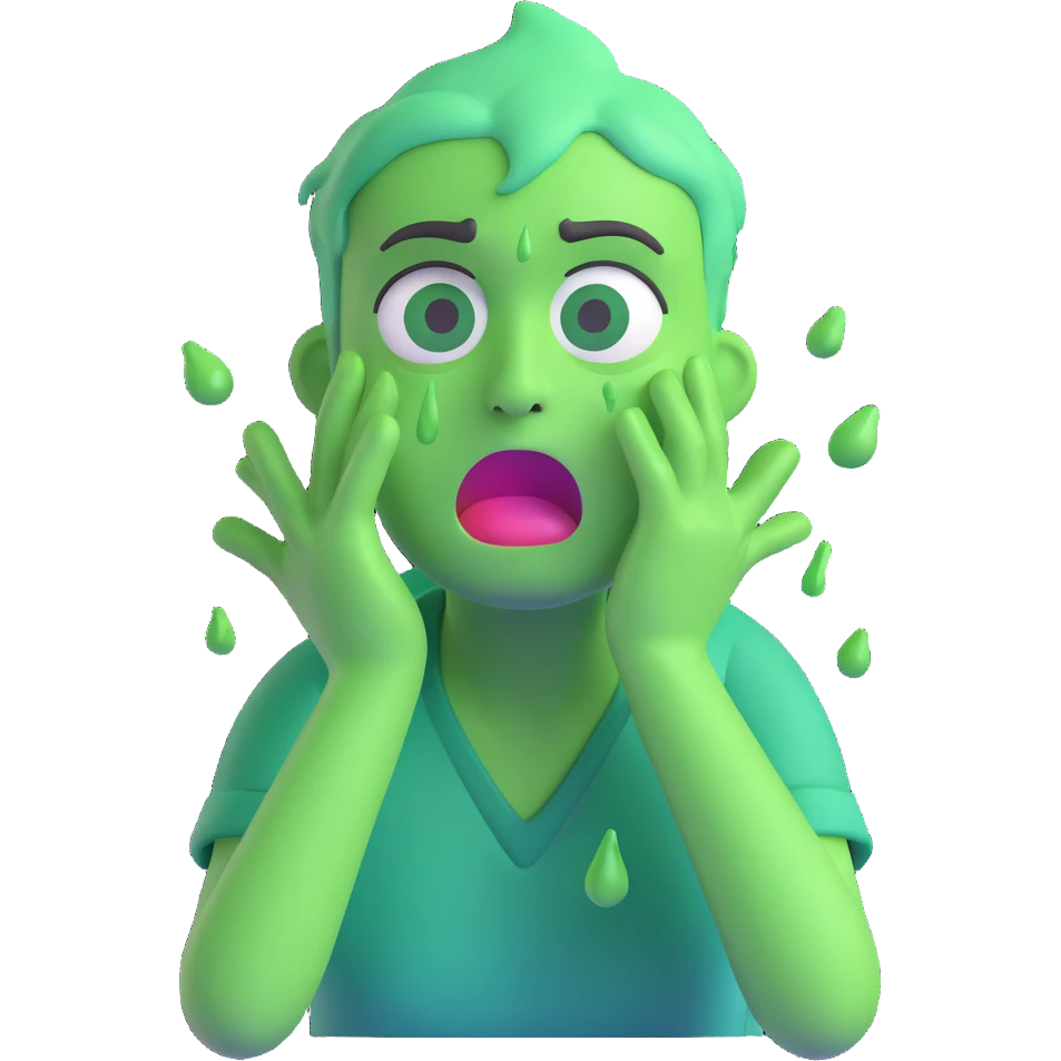 person with a green face, tears streaming down while throwing up, cartoon style emoji