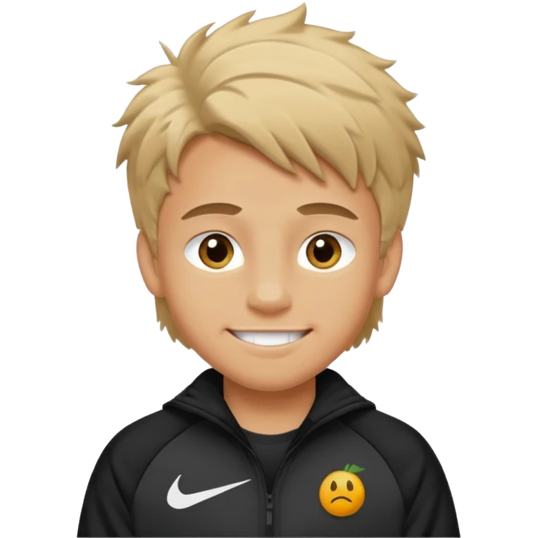 make a boy with fluffy dirty blond hair hazel eyes tan white smirky smile and nike tech emoji