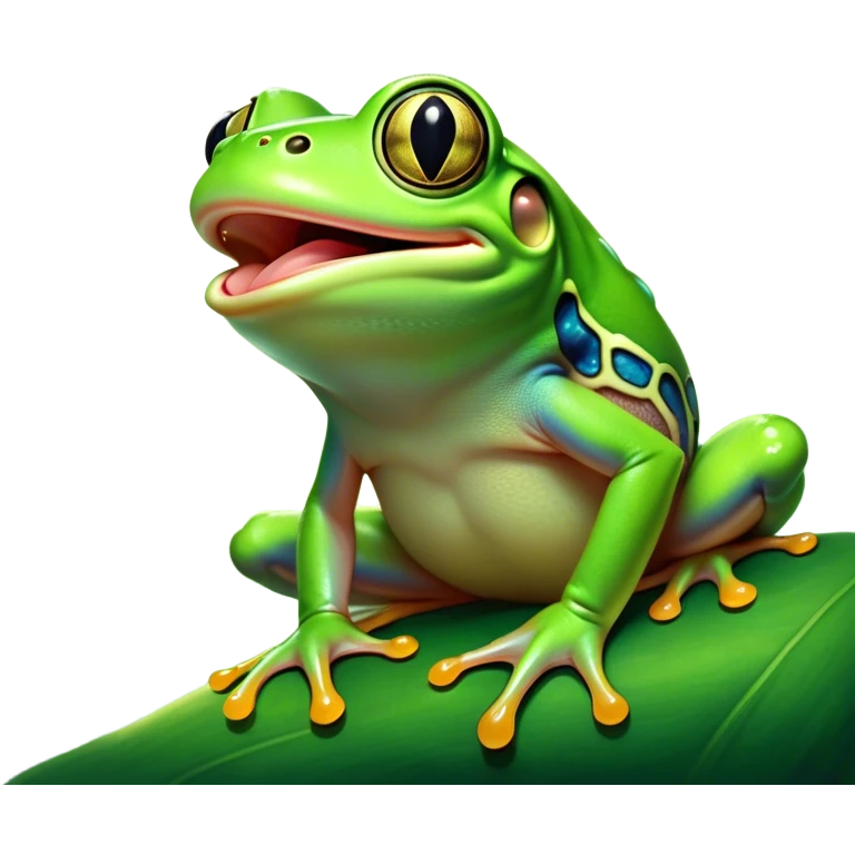 Cinematic Cute Yawning Green Tree Frog Portrait Emoji, Head tilted slightly with a dramatic, wide-open yawn, showcasing a compact, vivid green body with gently drooping eyelids and half-closed, drowsy eyes, Simplified yet irresistibly adorable features, highly detailed, glowing with a soft, cozy jungle glow, high shine, relaxed yet expressive, stylized with a dash of whimsical amphibian charm, soft glowing outline, capturing the essence of a drowsy yet affectionate green tree frog that appears ready to stretch out for a nap! emoji