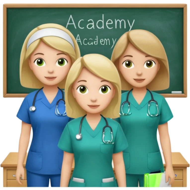 3 different nurses, wearing green and blue work clothes, in a classroom, "Academy" written in white on board emoji