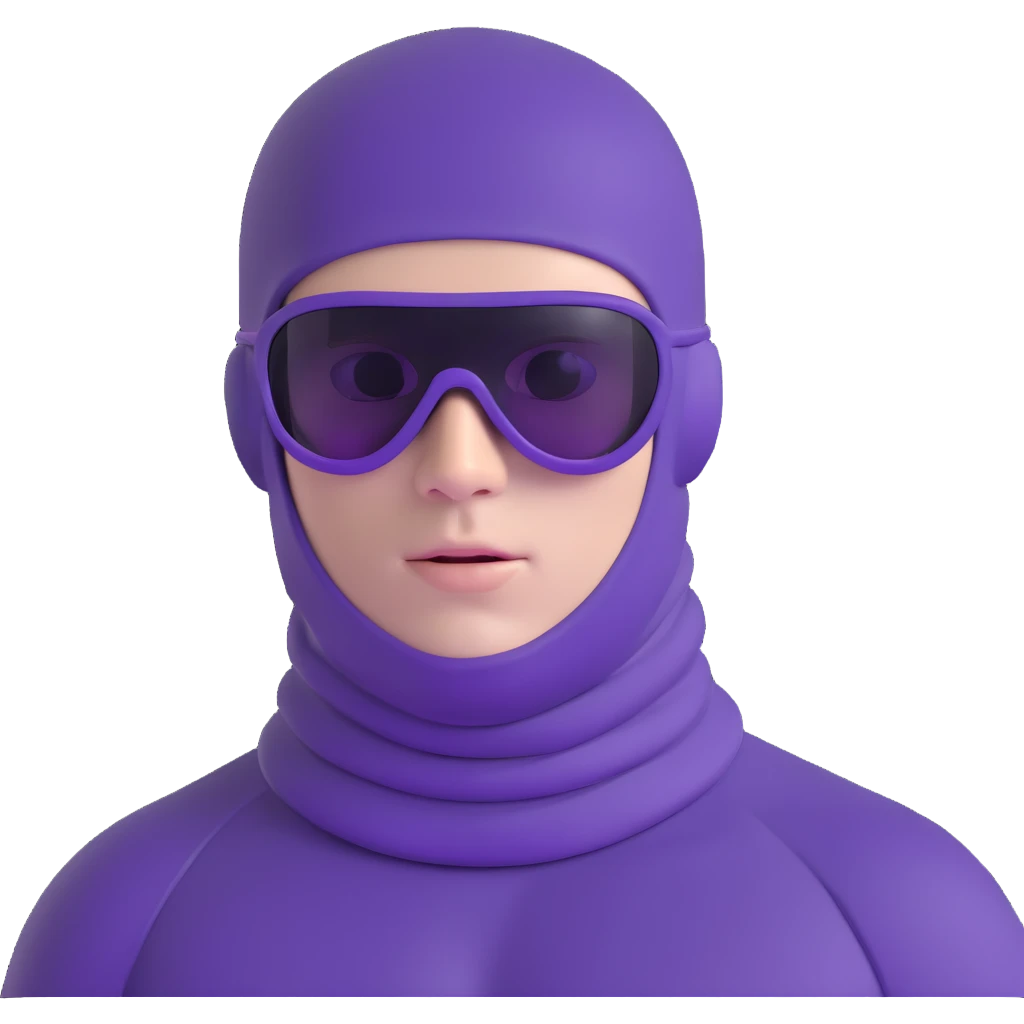 shirtless athletic man with white skin, wearing a purple balaclava face mask and purple sunglasses with black tinted lenses emoji