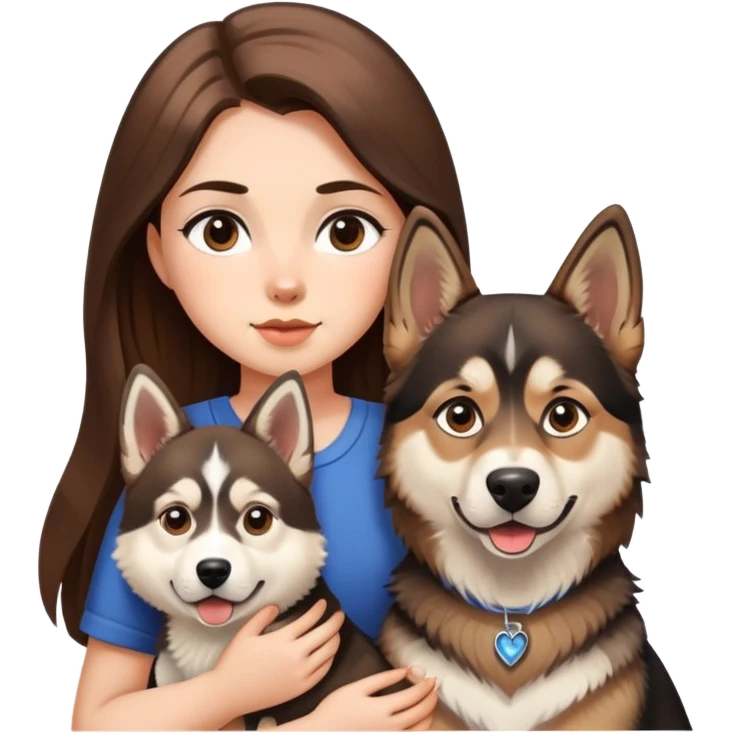 girl with long brown hair holding a german shepherd and a husky emoji