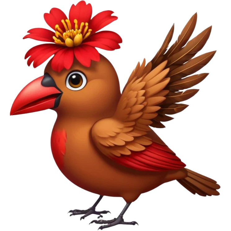 A bird carrying a red flower in its mouse  emoji