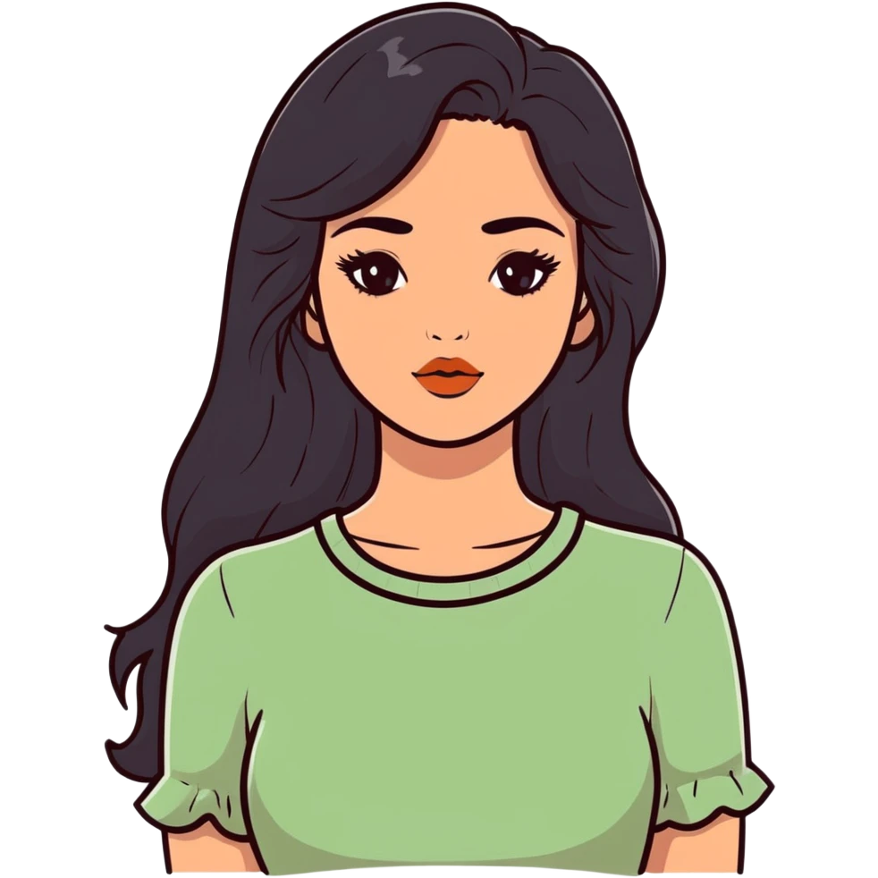 european girl with long black hair, long eyelashes, terracotta lips, light green top emoji