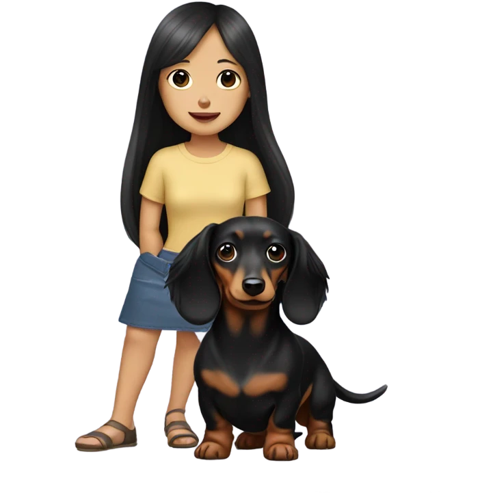 Long-haired dachshund with black-haired Asian girl emoji