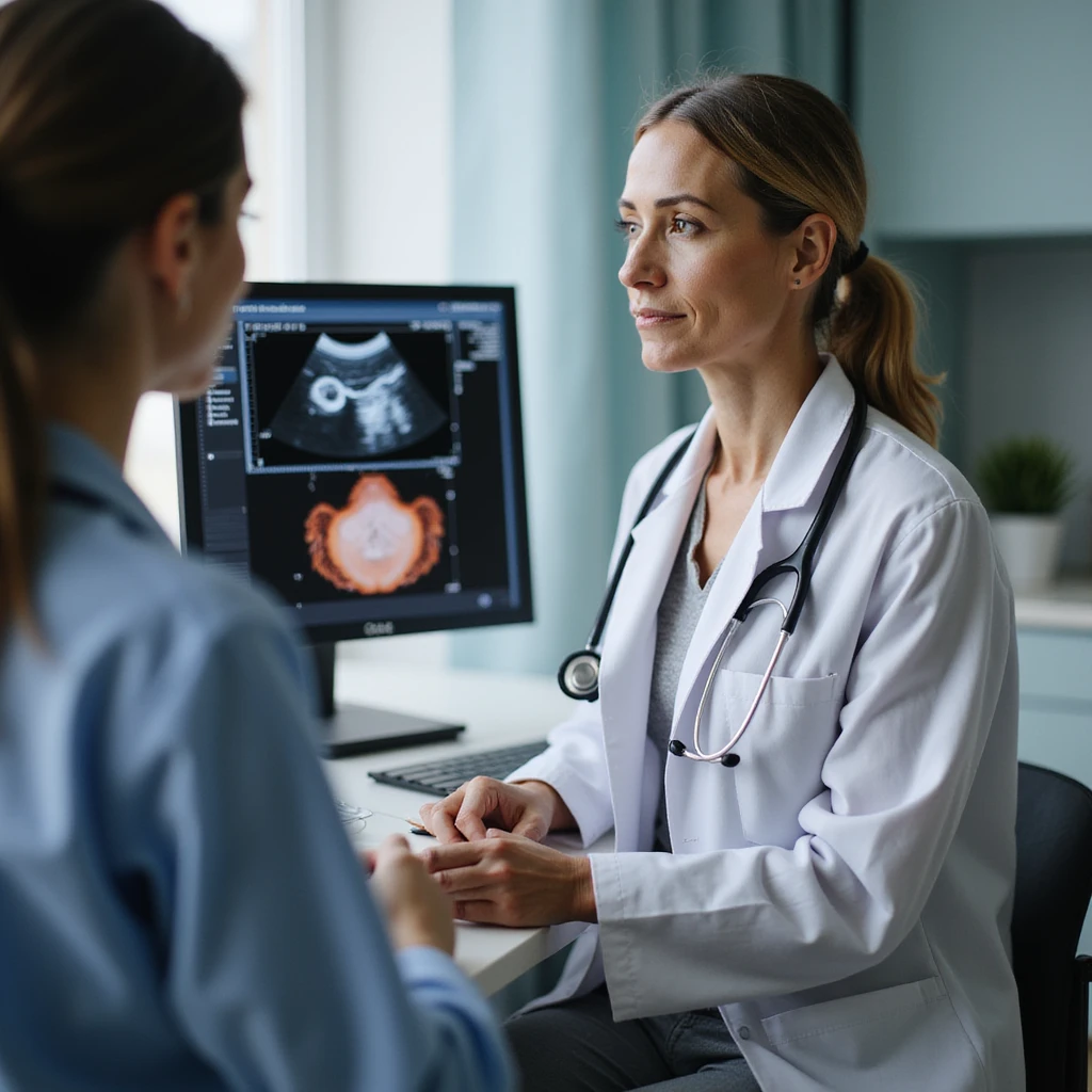 woman in gynecological clinic, doctor showing ultrasound with inflamed endometrium, professional atmosphere, realistic details, medical office background emoji