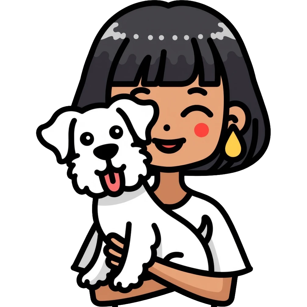 Black girl with short bangs holding a white schnauzer dog emoji