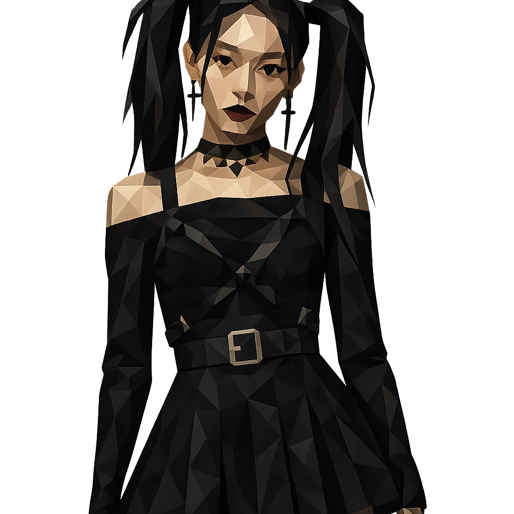 K-pop inspired gothic girl, polygonal style, geometric shapes, dark color palette, stylish stage outfit emoji