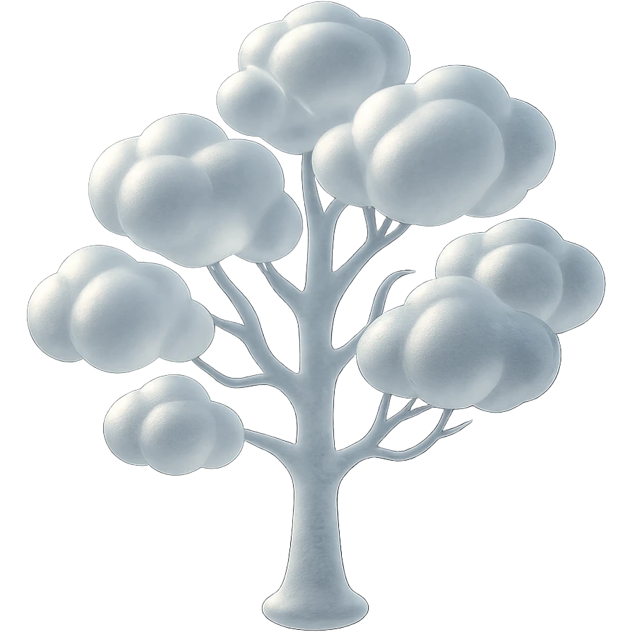 one tree with many branches and a white trunk, crown made of small very bright white fluffy convex clouds, matte glass style emoji