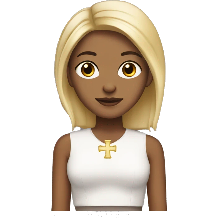 Blonde, short straight hair, brown eyes, wearing cross earrings emoji