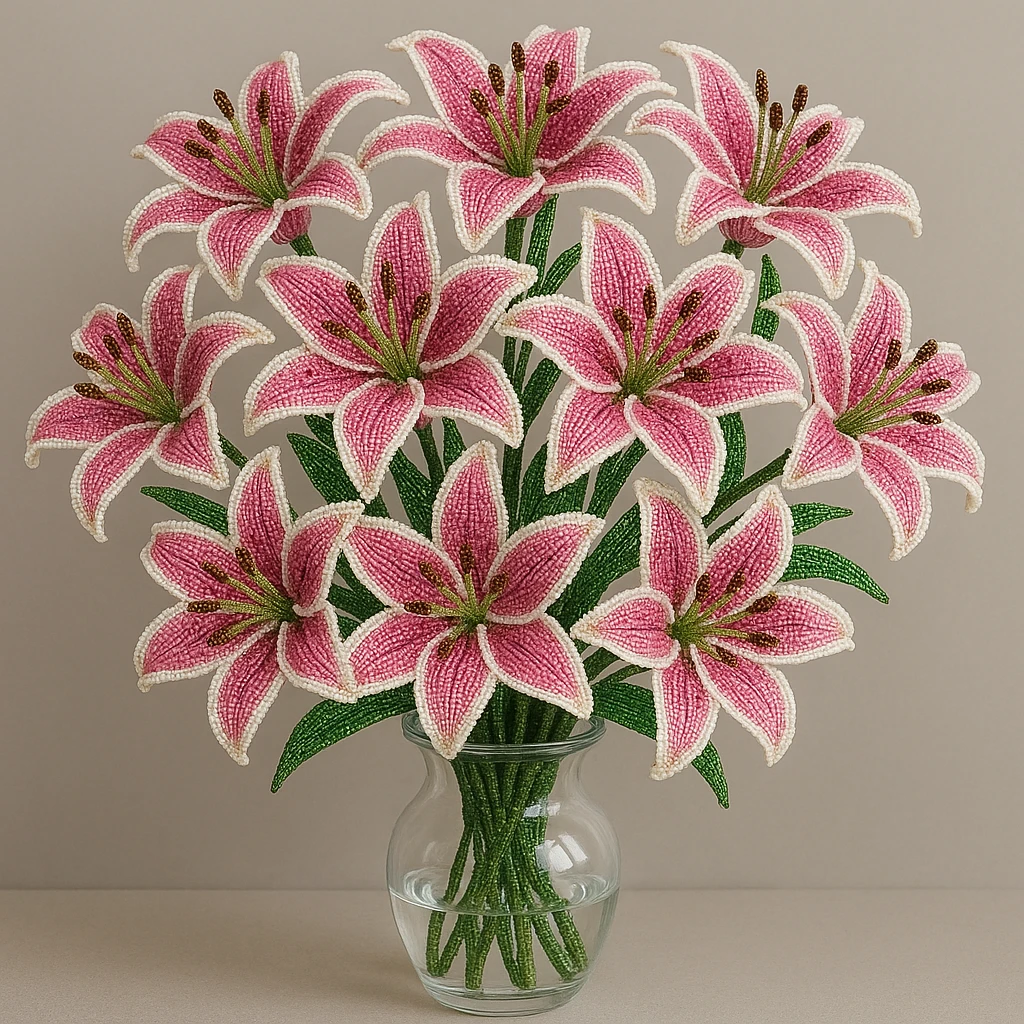 a dozen french beaded pink stargazer lilies in a clear glass vase, intricate beadwork, vibrant pink petals with white edges, green stems, realistic floral arrangement, elegant and detailed emoji