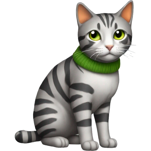 A striped grey cat with green eyes with orange sweater in full growth emoji
