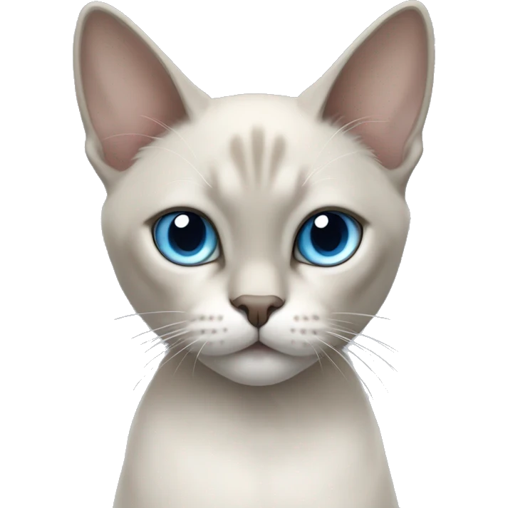Thai breed cat with a light cream body, dark gray face, ears, and paws. Short fur, sharp ears, and striking light blue eyes with an intense gaze. emoji