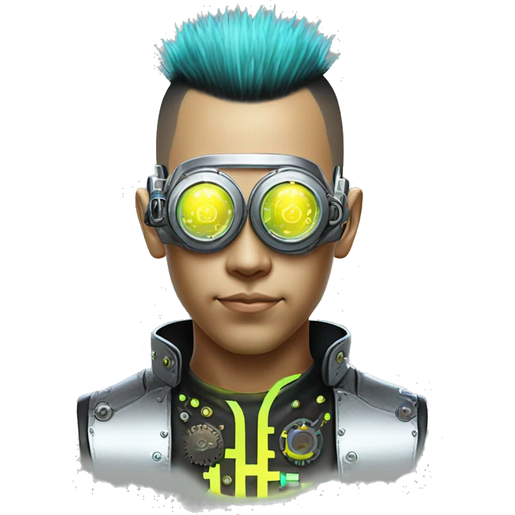 Neon yellow Mohawk hair Asian male cyborg head with silver steampunk goggles and circuits emoji