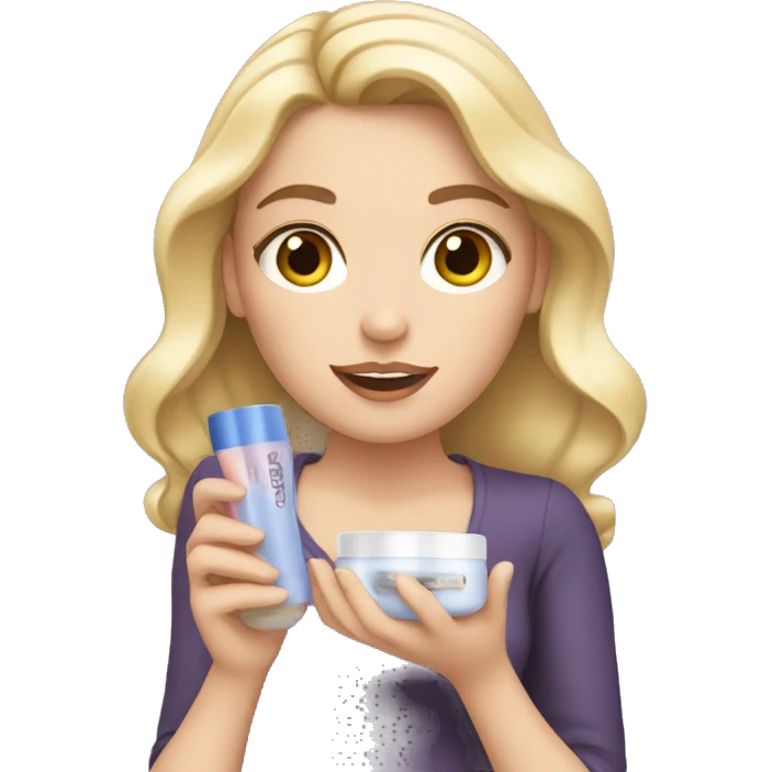 one white girl holding cosmetics in her hands emoji