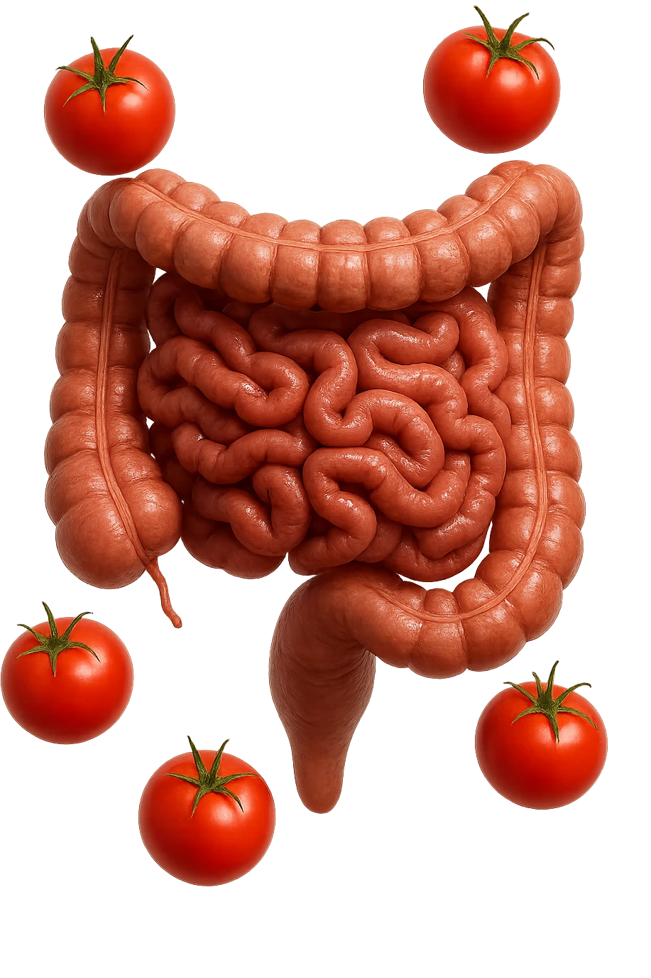 intestino umano anatomico con pomodori che gli fluttuano intorno, iperrealistico 4k emoji