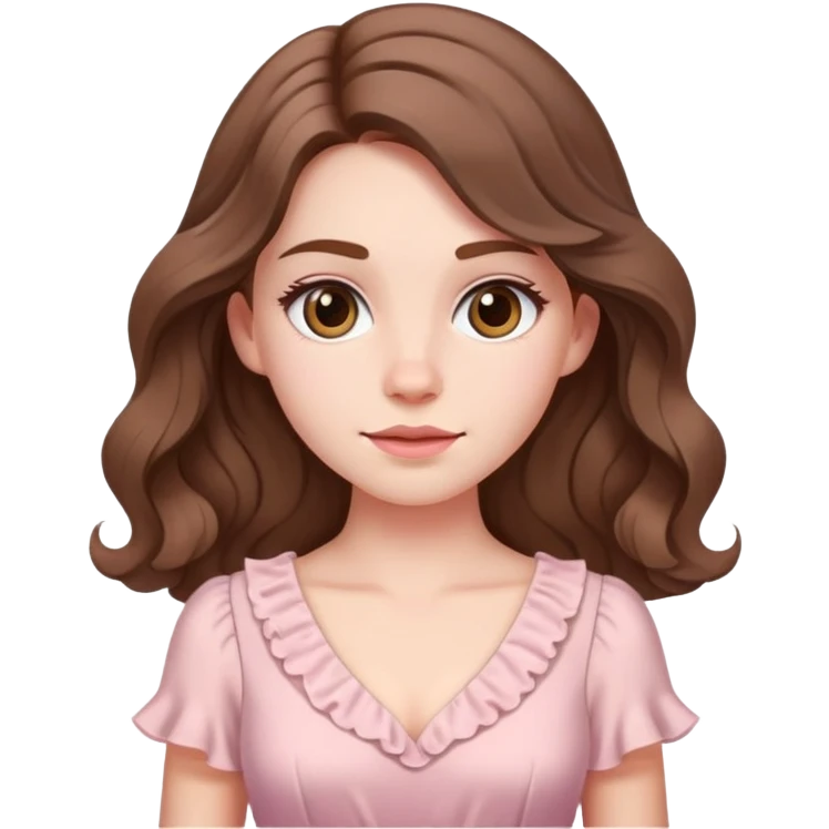 cô gái da trắng tóc nâu gợn sóng dài mặt V-line mặc áo đầm màu hồng nhạt emoji