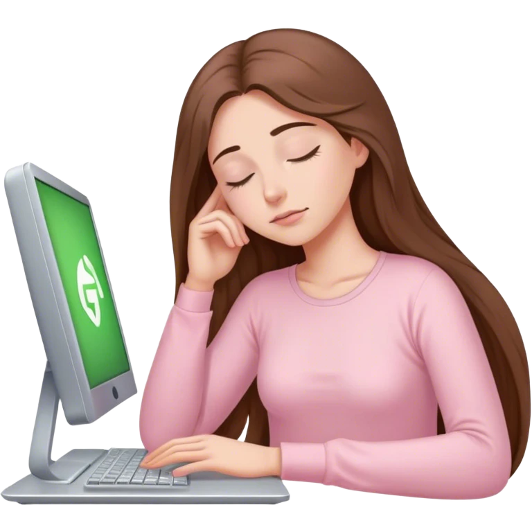 pretty woman with very long brown hair and green eyes and light pink outfit sleeping working on a computer emoji