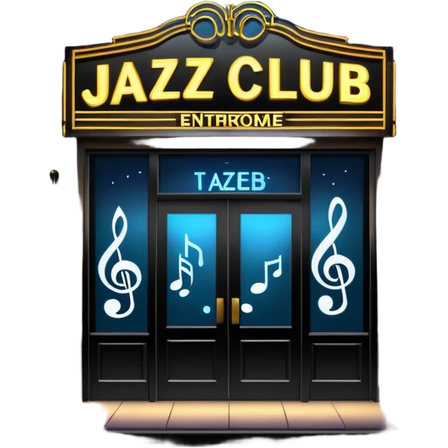 jazz club entrance at night with glowing sign and music notes emoji