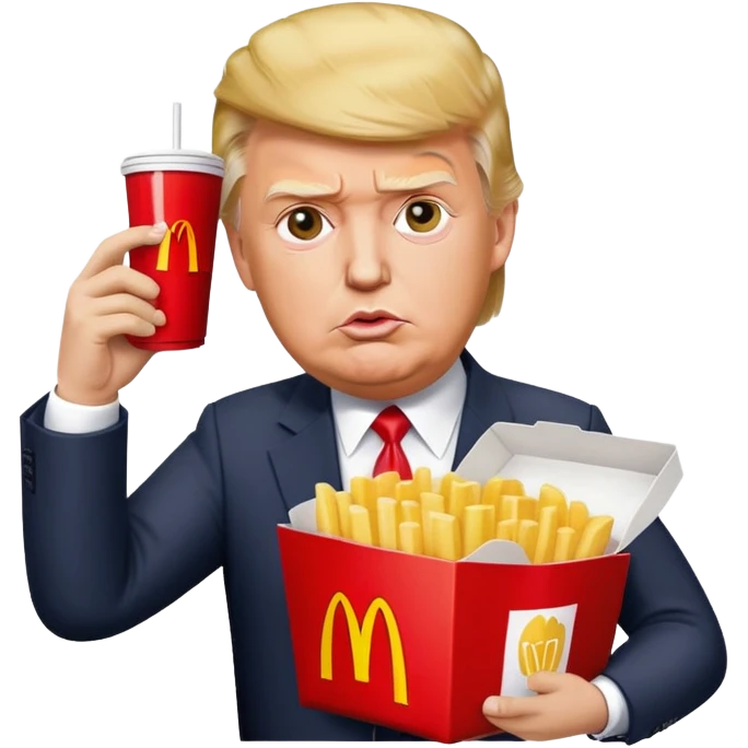 Donal trump getting shot in the ear photo, but he is holding a pack of macdonalds in his hand that he lifts up in the original photo emoji