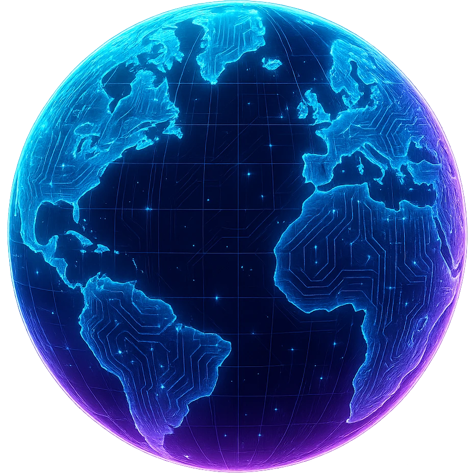 Create a globe in a cyberpunk, holographic style with glowing neon blue and pink edges, circuit patterns throughout the entire globe, and a transparent background. The globe should look futuristic and clean, with a consistent cyberpunk glow and intricate circuit details. emoji