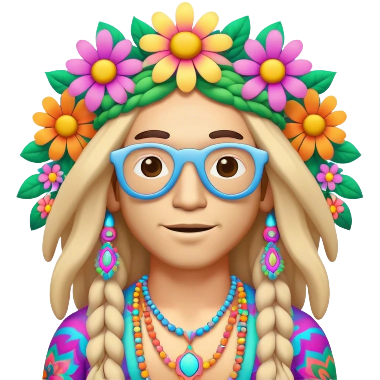 3D, psychedelic colored hippie with flower border emoji