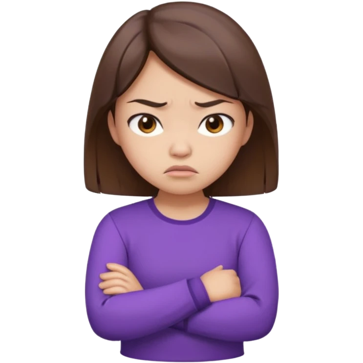 Angry Pouty girl with small asian eyes folding arms in a purple longsleeve shirt she has fair skin and brown hair emoji