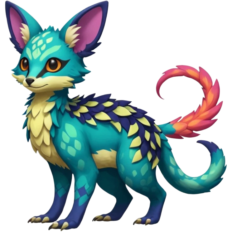 Rare realistic exotic epic pretty beautiful handsome gorgeous aesthetic colorful vibrant Vernid-Trico-species-Fakemon-creature by LiLaiRa, random markings, tufted ears, full body emoji