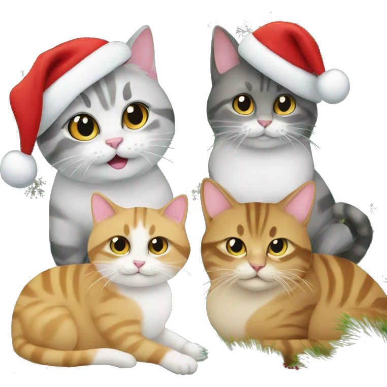 Four different cats sitting under a Christmas tree  emoji