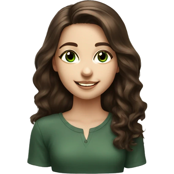 PORTRAIT OF A BRUNETTE GIRL WITH COPPER REFLECTIONS IN DARK BRONZE GREEN EYES WITH A PORCELAIN COMPLEXION AND WHO SMILE emoji