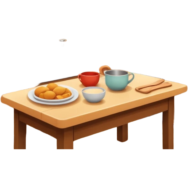 A cozy home kitchen in clean emoji-style illustration. Warm colors, simple shapes, homemade dishes on the counter, friendly atmosphere, flat design, high contrast, clear outlines. emoji