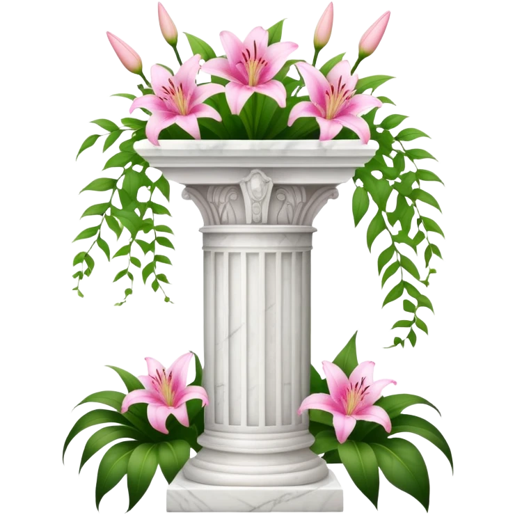 White tall marble pedestal with vines growing on it and pink lilies, beautiful romantic scenery  emoji