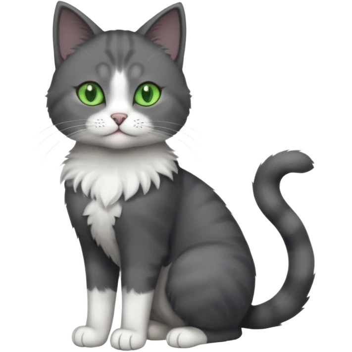 full body view of beautiful female solid dark grey cat with green eyes, white toes/paws and white patch on her chest emoji