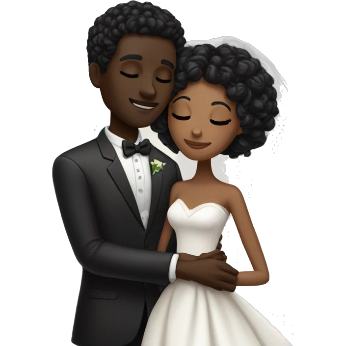 African Bride and Groom. Dark Brown skin. Black long curly hair. Short black haircut. Hugging each other. Eyes closed. emoji