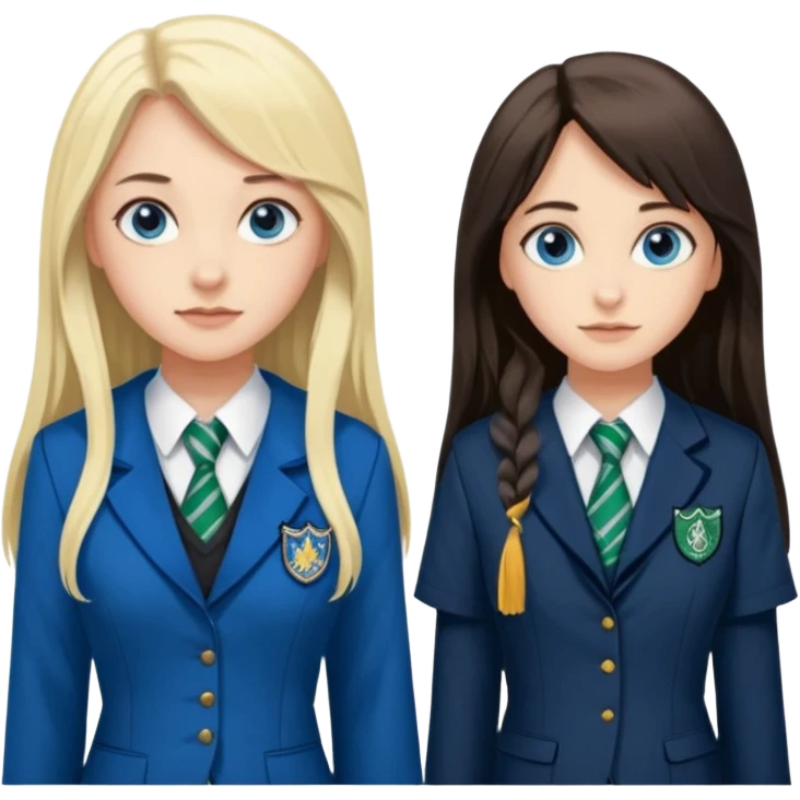 a pretty ravenclaw girl with long dark brown hair and blue eyes standing with a hot Slytherin girl with long blonde hair, blue eyes and big boobs  emoji