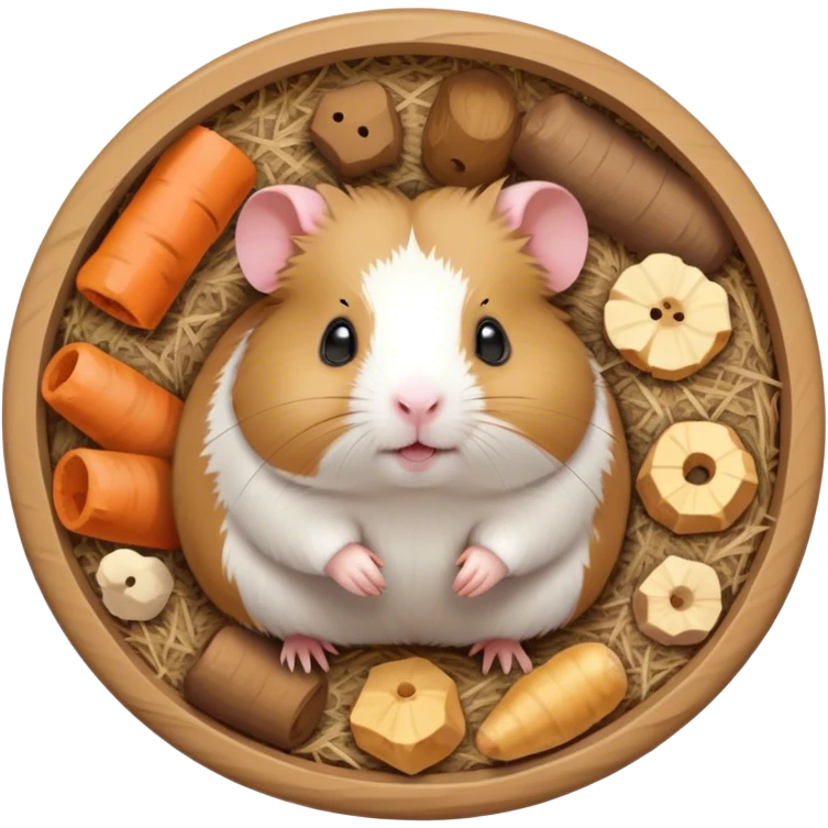 Icon for Hamster and Guinea Pig: A cute, colorful collage with a fluffy hamster running in its wheel, and a chubby guinea pig munching on some hay. Soft, playful background with tiny food pellets and a cozy bedding area. Transparent background. emoji