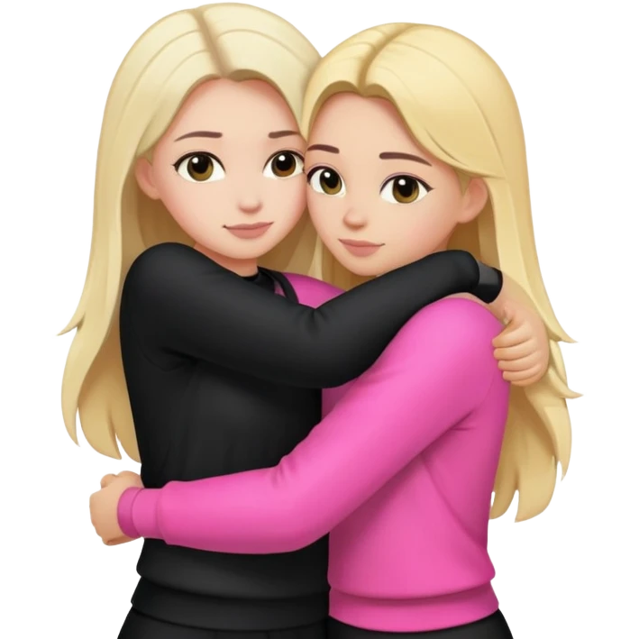 create an emotional smiley in the form of 2 girls hugging each other, 1 is dressed in black clothes with dark hair, the second girl is blonde in pink clothes. emoji